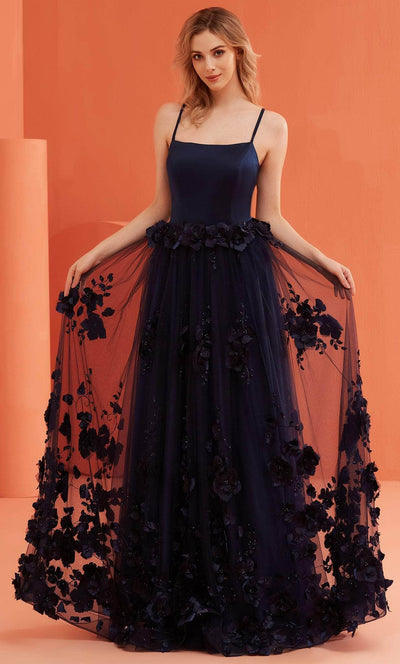 J'Adore Dresses J22039 - Floral Embellished Skirt A-line Dress Special Occasion Dress 2 / Navy