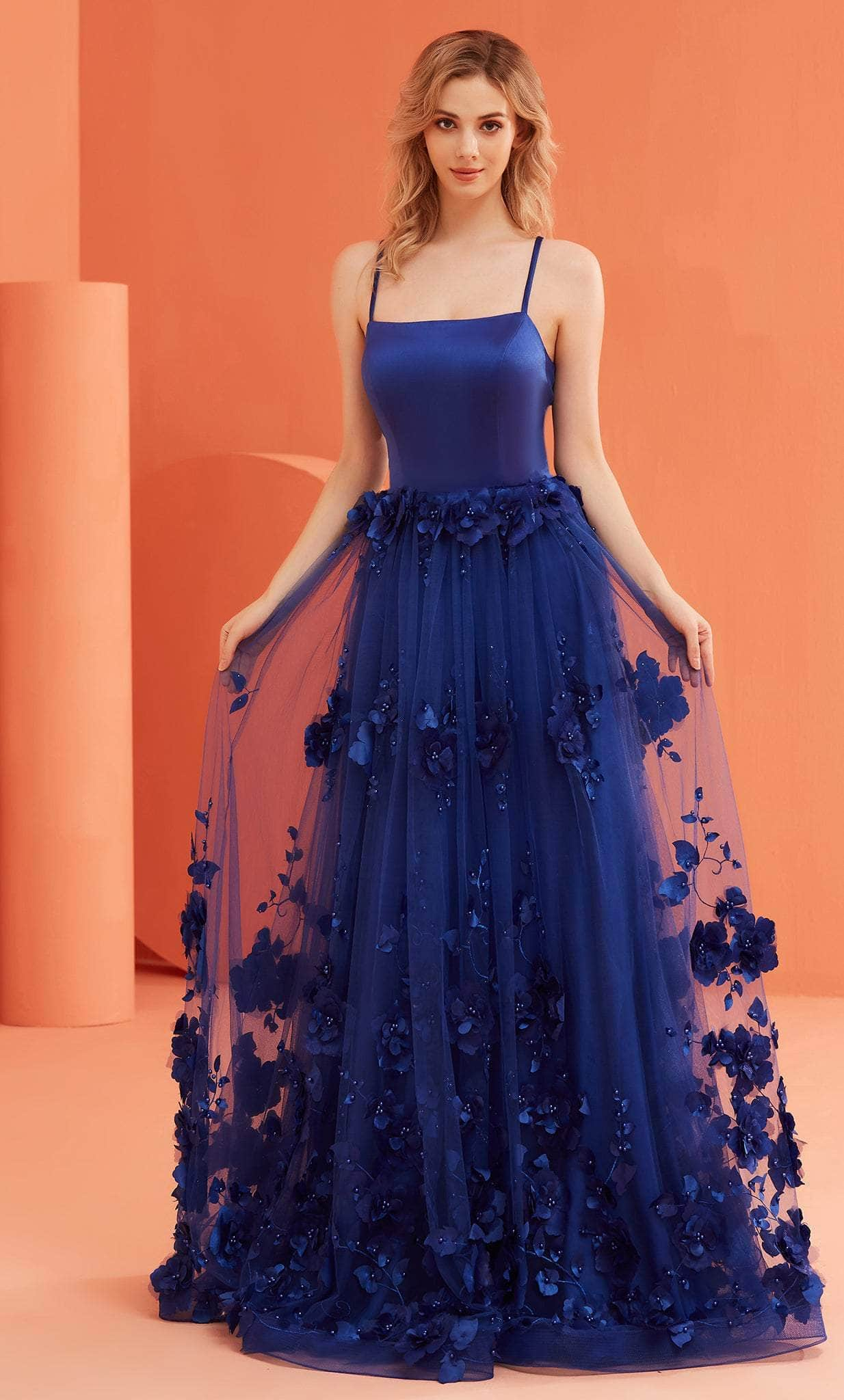 J'Adore Dresses J22039 - Floral Embellished Skirt A-line Dress Special Occasion Dress 2 / Royal