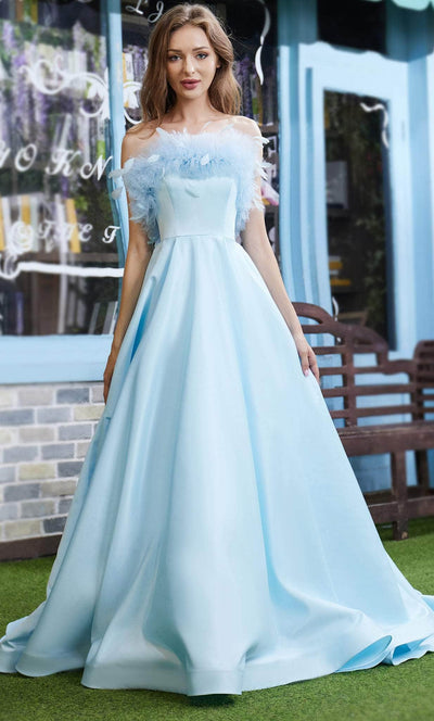 J'Adore Dresses J22044 - Feather Detailed Strapless Prom Dress Special Occasion Dress 2 / Baby Blue