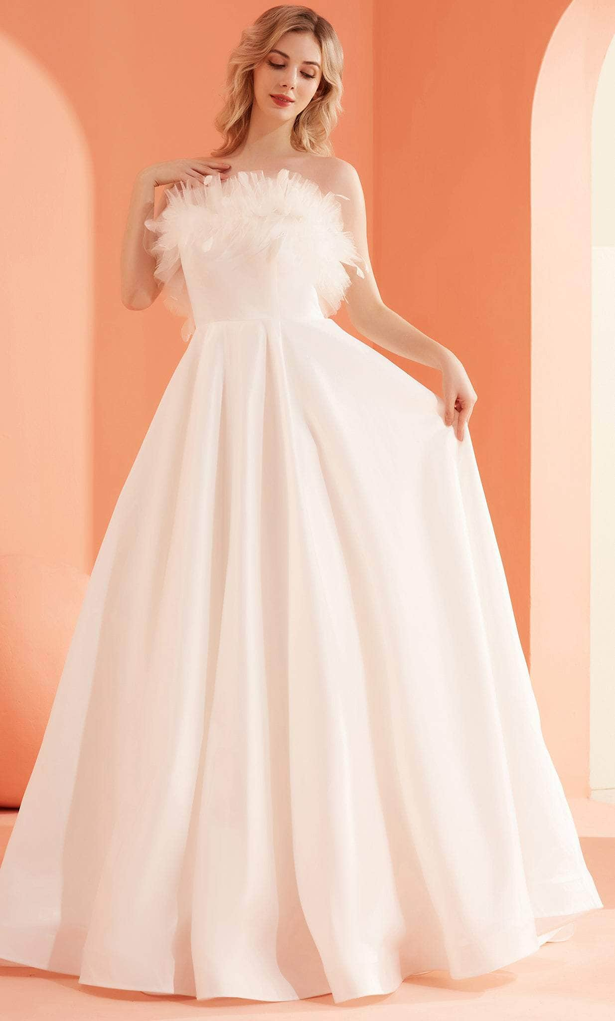 J'Adore Dresses J22044 - Feather Detailed Strapless Prom Dress Special Occasion Dress 2 / Ivory