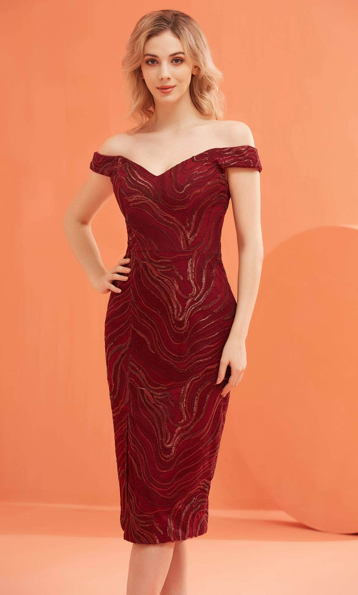 J'Adore Dresses J22067 - Off-Shoulder Sequin Embellished Dress Special Occasion Dress 2 / Wine