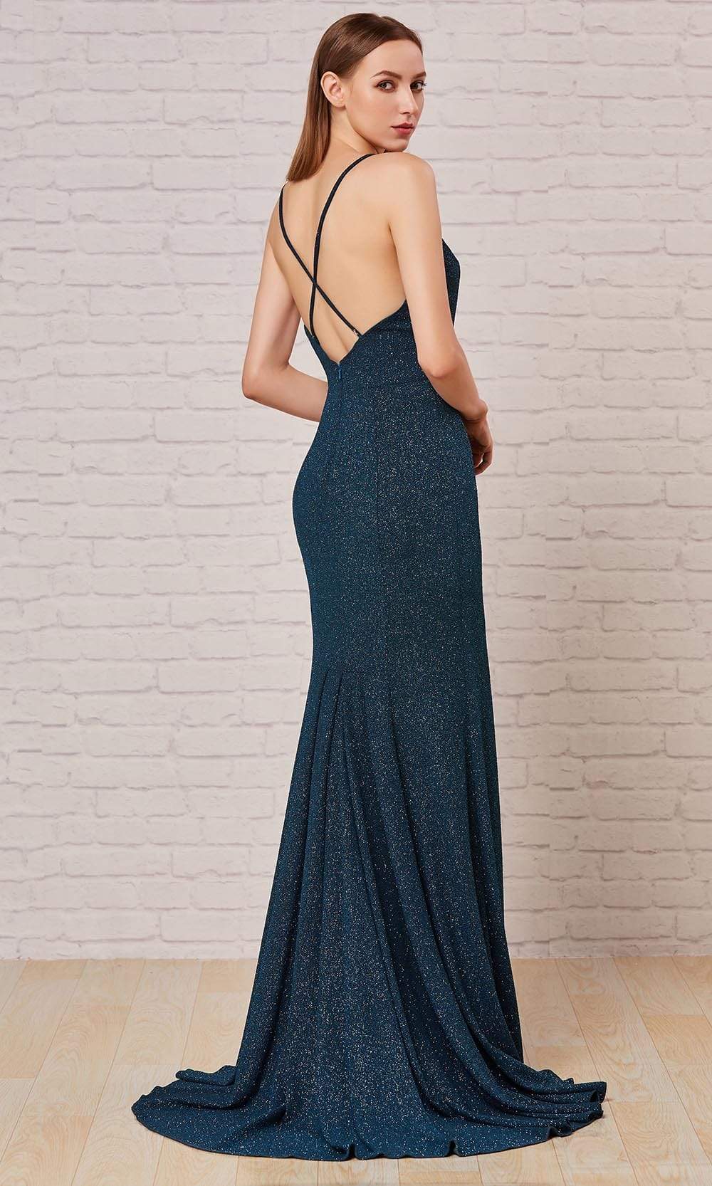 J'Adore - J18033 Spaghetti Strap Glitter High Slit Gown Special Occasion Dress