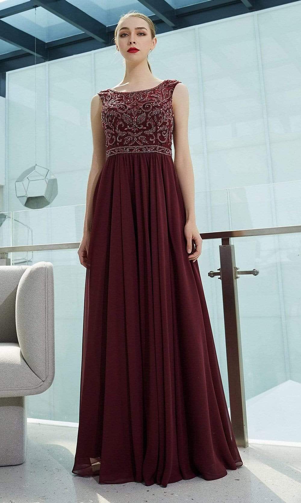 J'Adore - J19017 Beaded Bridesmaid Flowy Dress Bridesmaid Dresses 2 / Berry