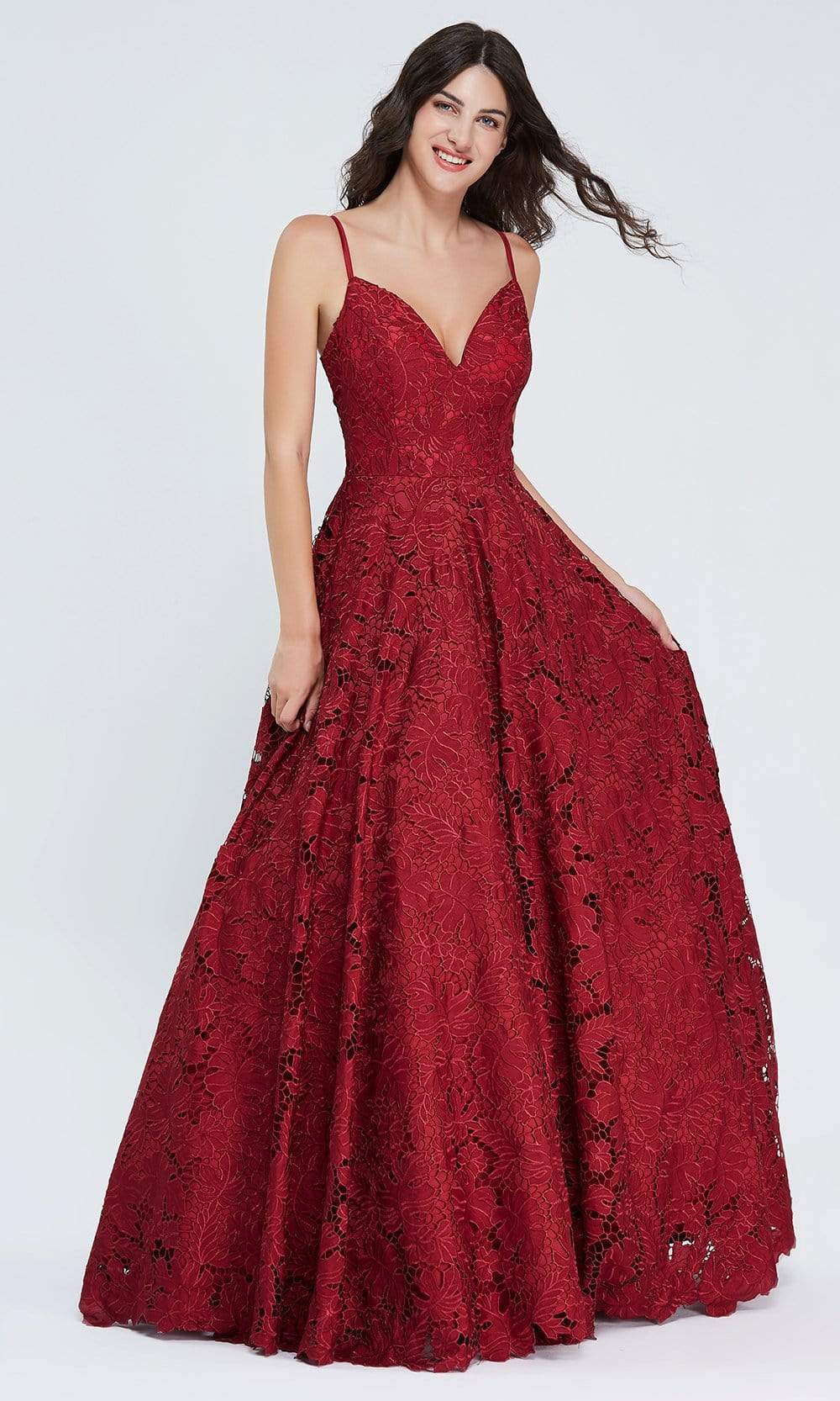 J'Adore - J20020 Deep V-Neck Embroidered Dress Special Occasion Dress 2 / Wine