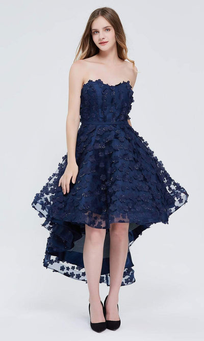 J'Adore - J20074 Floral Accented High Low Dress Special Occasion Dress 2 / Navy