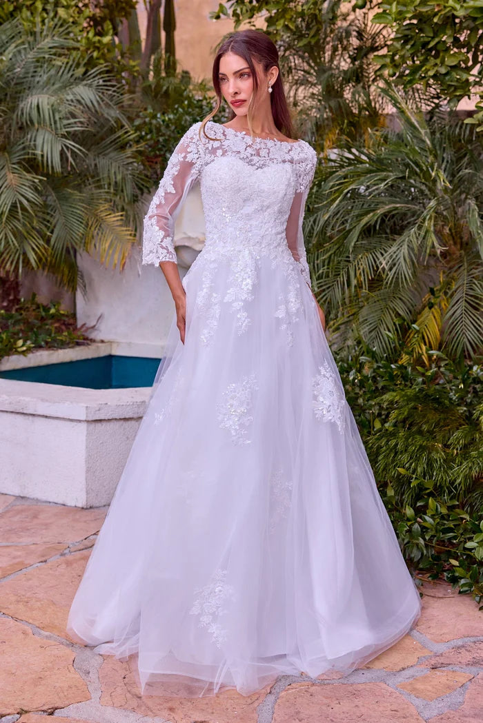 Ladivine Bridal J883W - Bateau Neck Lace Appliqued Gown