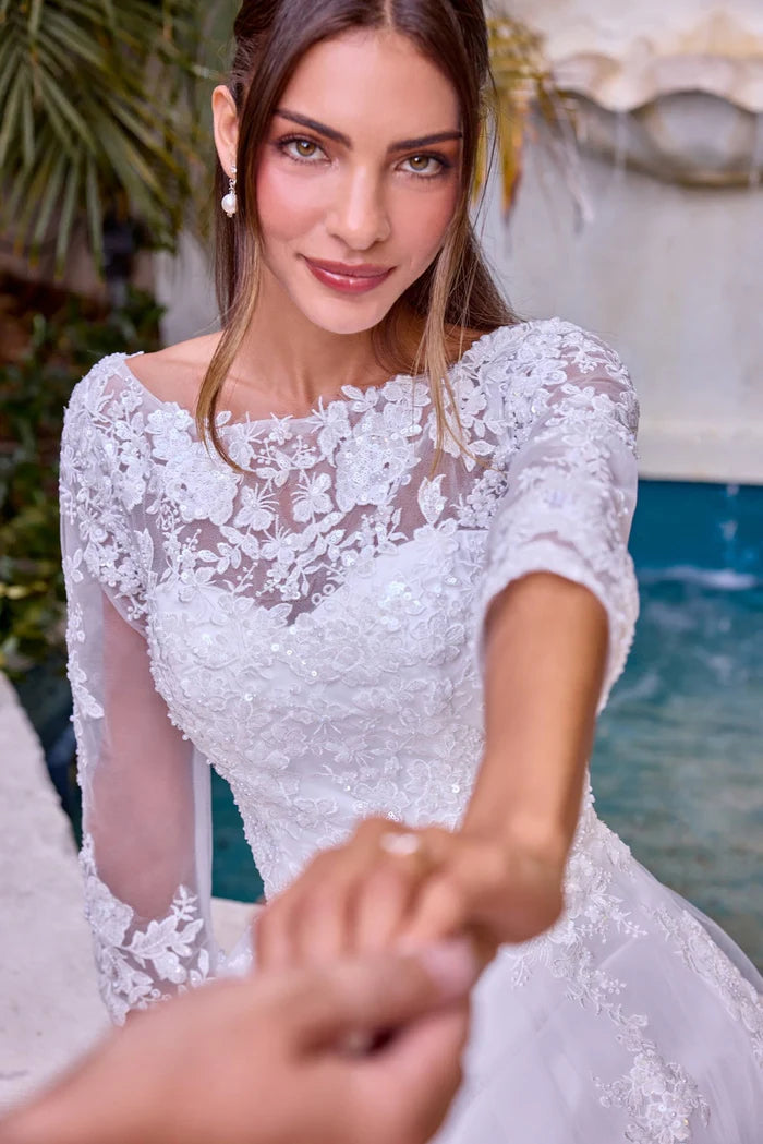 Ladivine Bridal J883W - Bateau Neck Lace Appliqued Gown