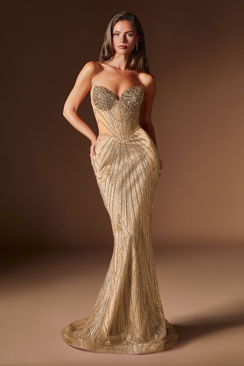 Ladivine J903 - Sheath Skirt Strapless Beaded Gown