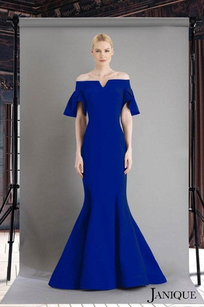 Janique - 1941 Notched Off Shoulder Ruffle Sleeve Evening Gown Mother of the Bride Dresses 2 / Royal