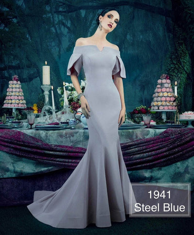 Janique - 1941 Notched Off Shoulder Ruffle Sleeve Evening Gown Mother of the Bride Dresses