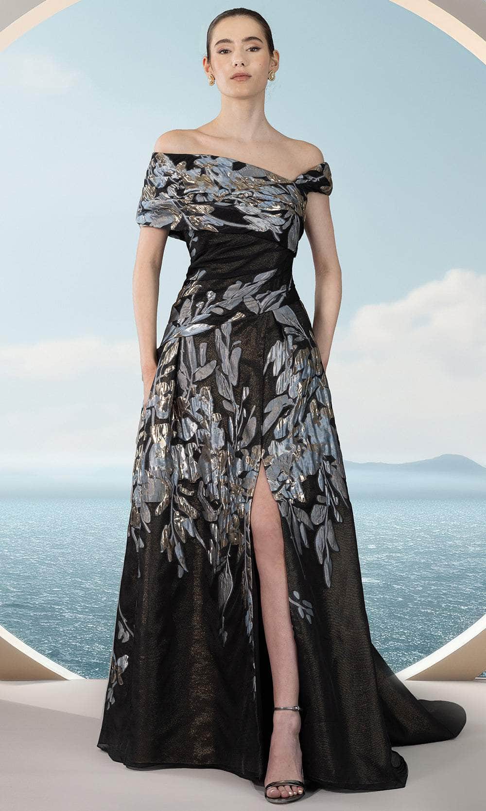 Janique 251019 - Long A-Line Dress - Asymmetrical Foldover Bodice, Pleated Dropped Waist, Metallic Foliage Accents, Midrise Open Back, Zipper Closure, High Slit, Sweep Train ADASA Janique 251019 - Long A-Line Dress - Asymmetrical Foldover Bodice, Pleated Dropped Waist, Metallic Foliage Accents, Midrise Open Back, Zipper Closure, High Slit, Sweep Train ADASA