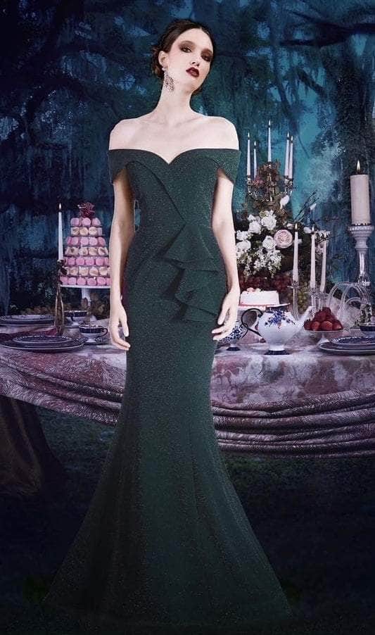 Janique - 2936 Shimmer Off Shoulder V Neck Trumpet Gown Evening Dresses 2 / Emerald