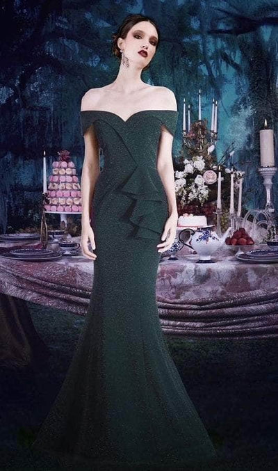 Janique - 2936 Shimmer Off Shoulder V Neck Trumpet Gown Evening Dresses 2 / Emerald