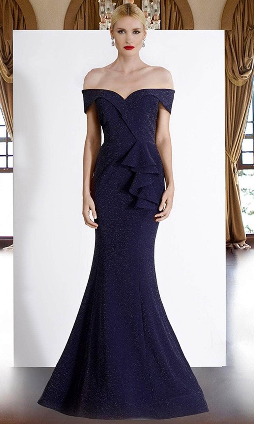 Janique - 2936 Shimmer Off Shoulder V Neck Trumpet Gown Evening Dresses 2 / Navy