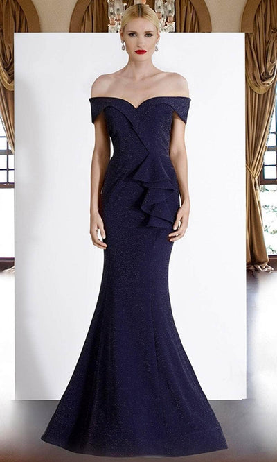 Janique - 2936 Shimmer Off Shoulder V Neck Trumpet Gown Evening Dresses 2 / Navy