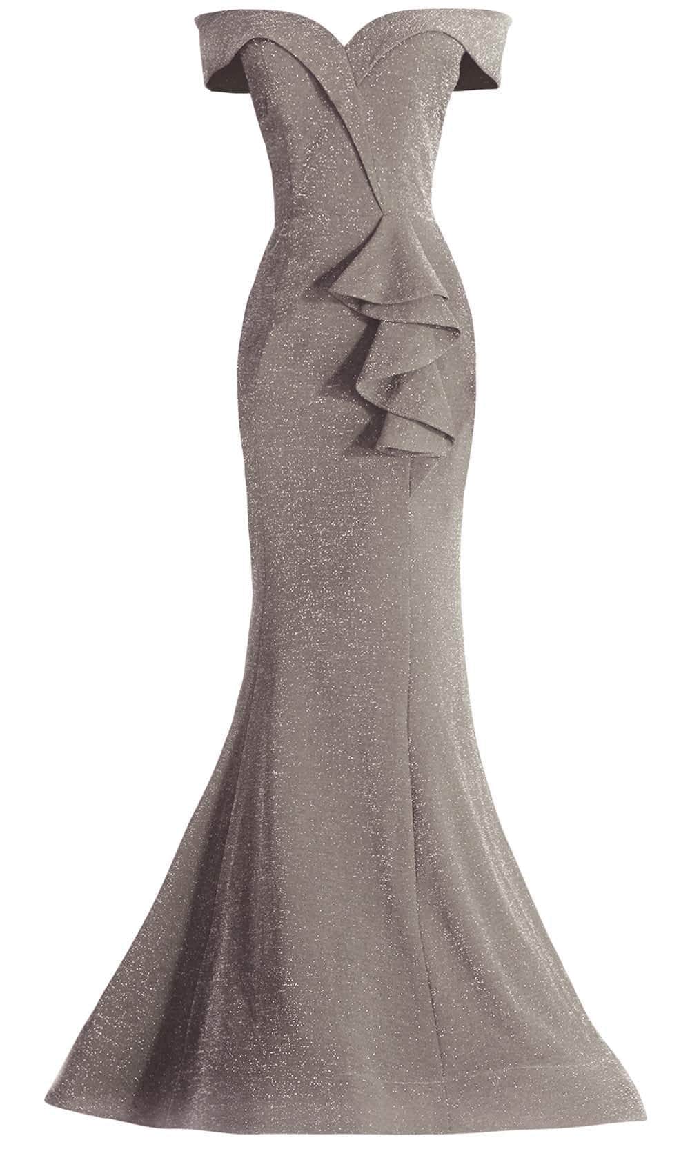 Janique - 2936 Shimmer Off Shoulder V Neck Trumpet Gown Evening Dresses 2 / Silver