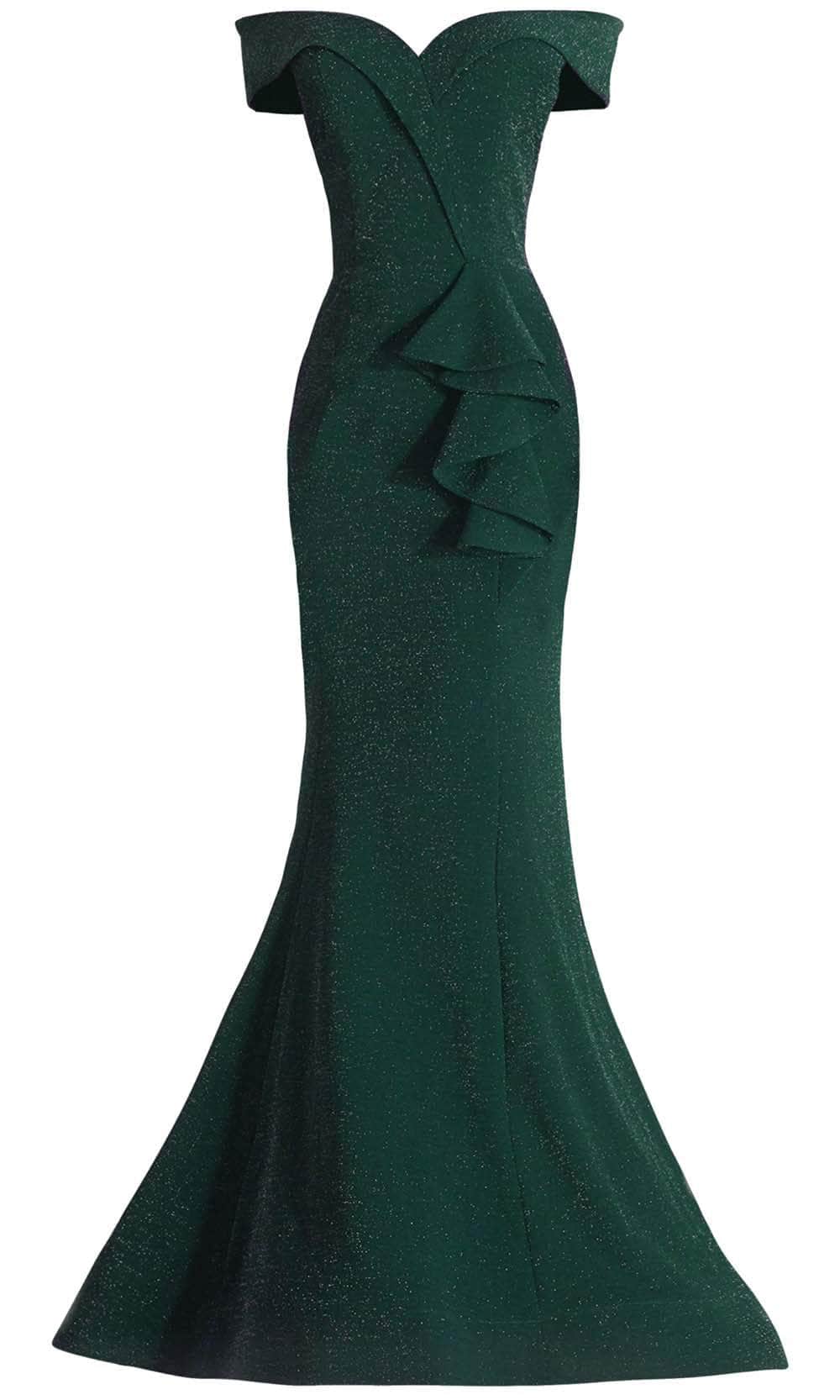 Janique - 2936 Shimmer Off Shoulder V Neck Trumpet Gown Evening Dresses