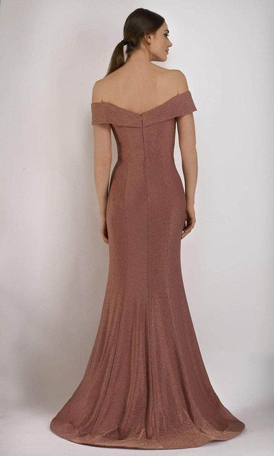 Janique - 2936 Shimmer Off Shoulder V Neck Trumpet Gown Evening Dresses