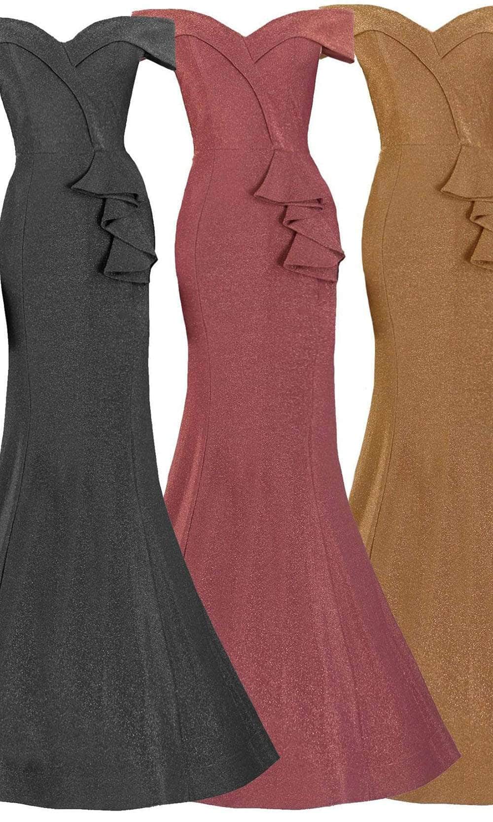 Janique - 2936 Shimmer Off Shoulder V Neck Trumpet Gown Evening Dresses