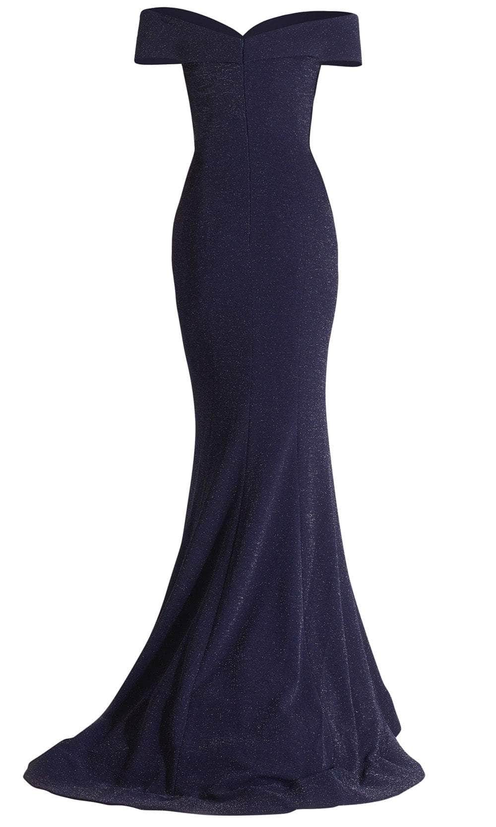 Janique - 2936 Shimmer Off Shoulder V Neck Trumpet Gown Evening Dresses