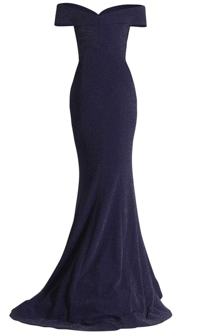 Janique - 2936 Shimmer Off Shoulder V Neck Trumpet Gown Evening Dresses