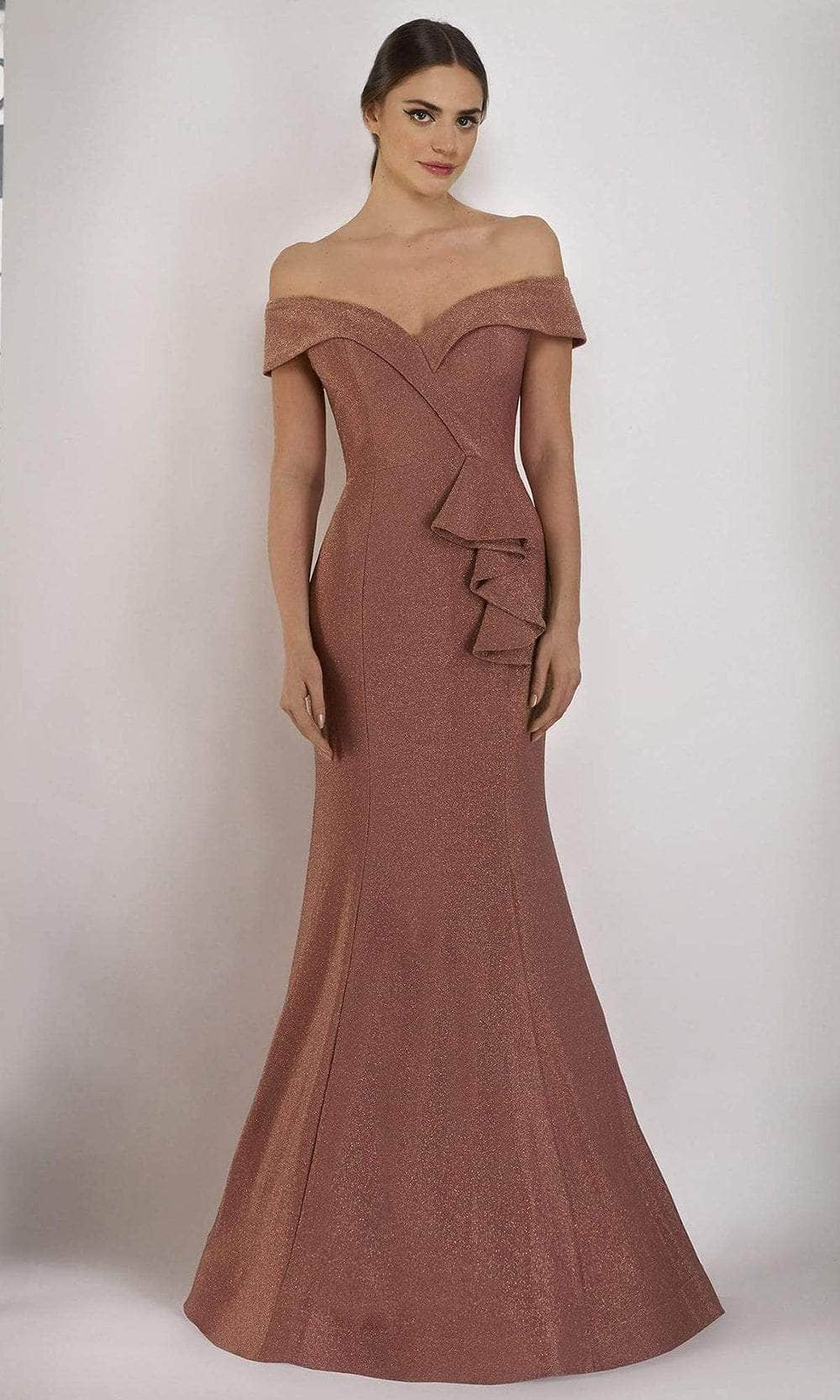 Janique - 2936 Shimmer Off Shoulder V Neck Trumpet Gown Evening Dresses