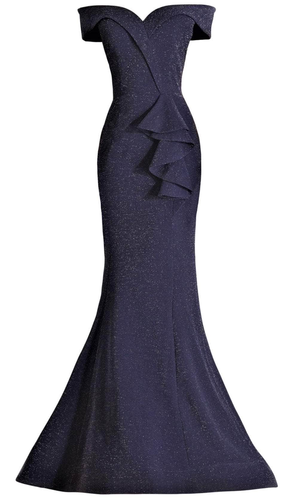 Janique - 2936 Shimmer Off Shoulder V Neck Trumpet Gown Evening Dresses
