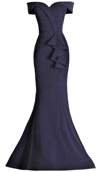 Janique - 2936 Shimmer Off Shoulder V Neck Trumpet Gown Evening Dresses