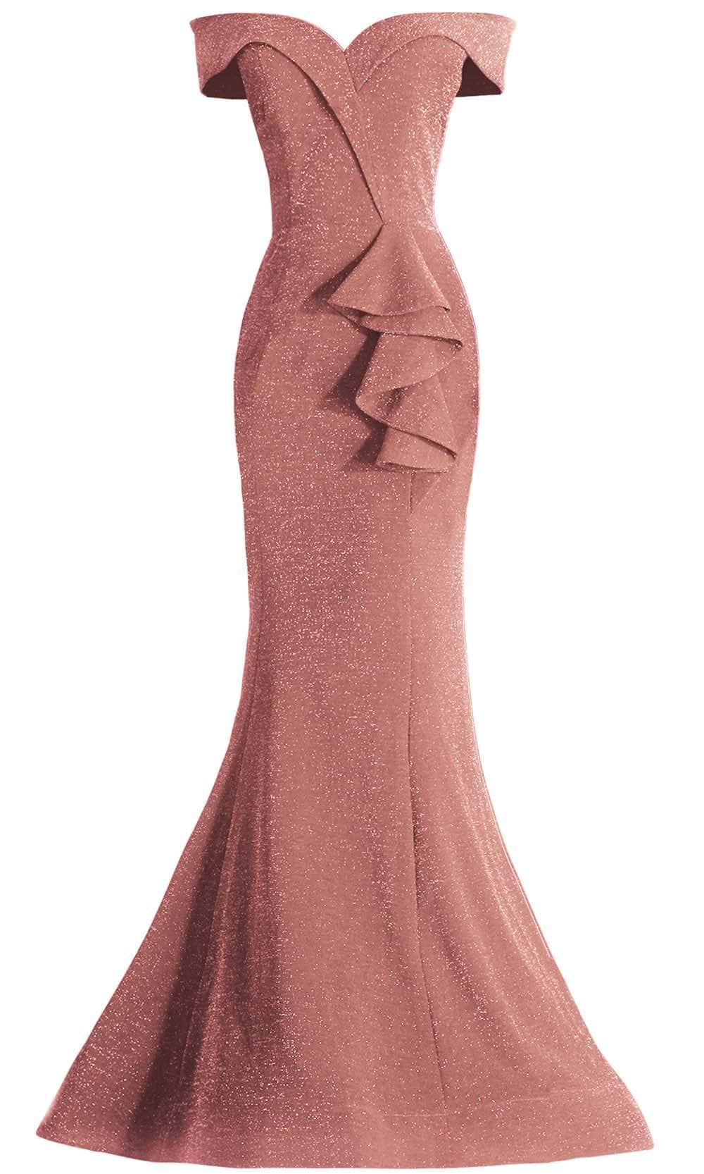 Janique - 2936 Shimmer Off Shoulder V Neck Trumpet Gown Evening Dresses
