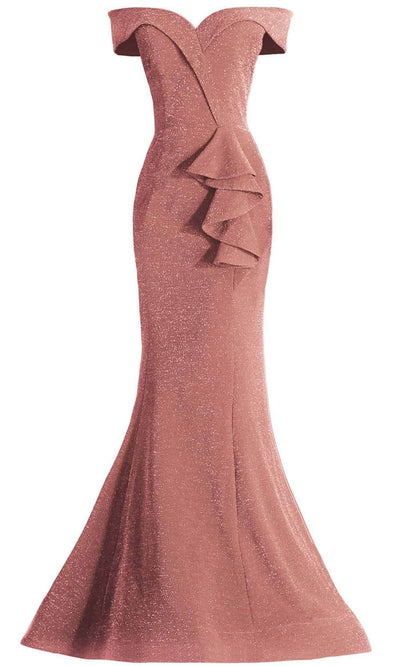 Janique - 2936 Shimmer Off Shoulder V Neck Trumpet Gown Evening Dresses