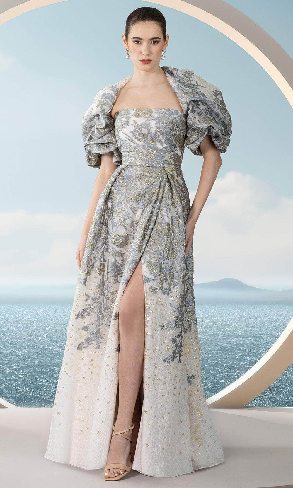 Janique 351018 - Long A-Line Dress - Strapless, Pleated Accent, Metallic Details, Midrise Open Back, Zipper Closure, High Slit, Sweep Train, Ruffle Janique 351018 - Long A-Line Dress - Strapless, Pleated Accent, Metallic Details, Midrise Open Back, Zipper Closure, High Slit, Sweep Train, Ruffle
