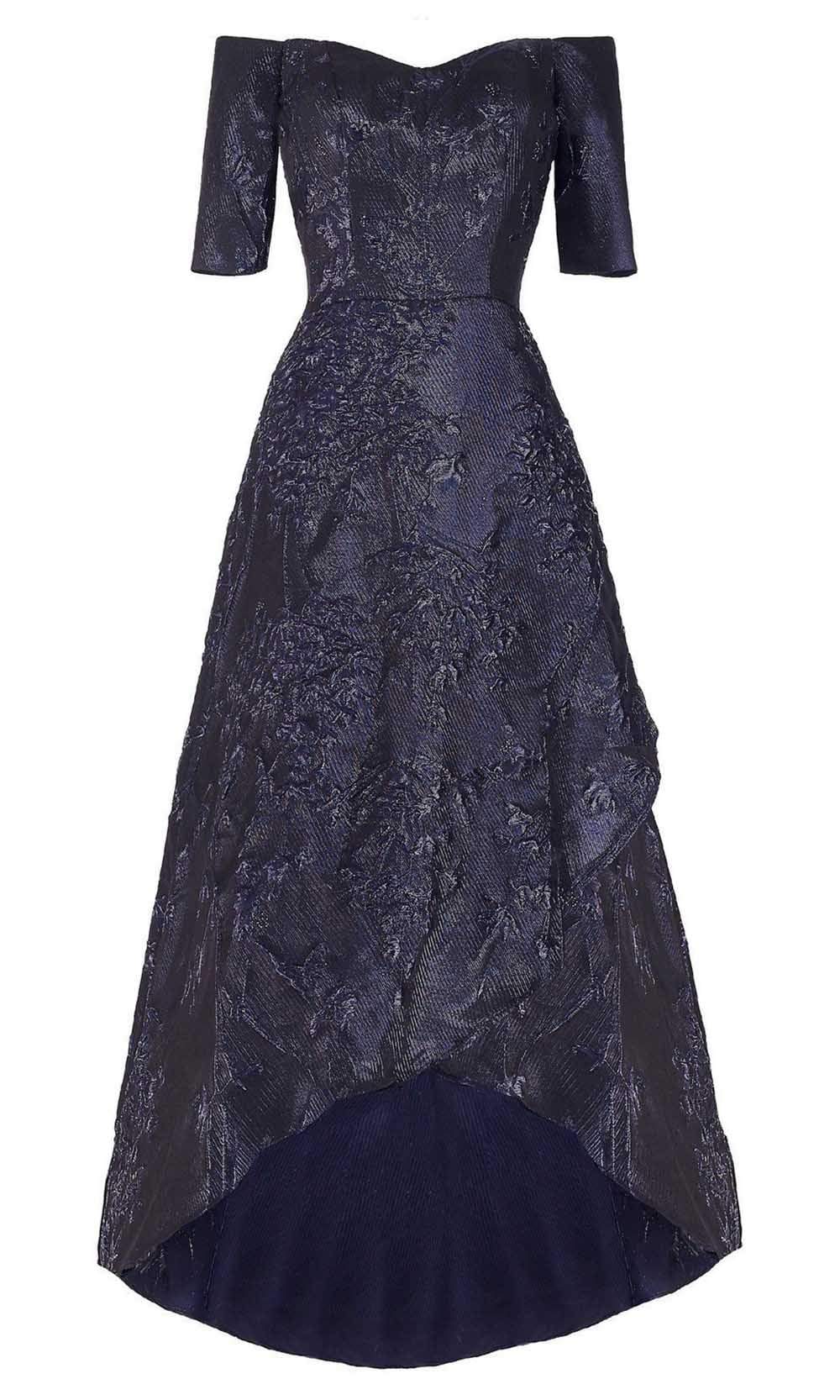 Janique - 61022 Off Shoulder Jacquard High Low A-line Dress Mother of the Bride Dresses 2 / Navy