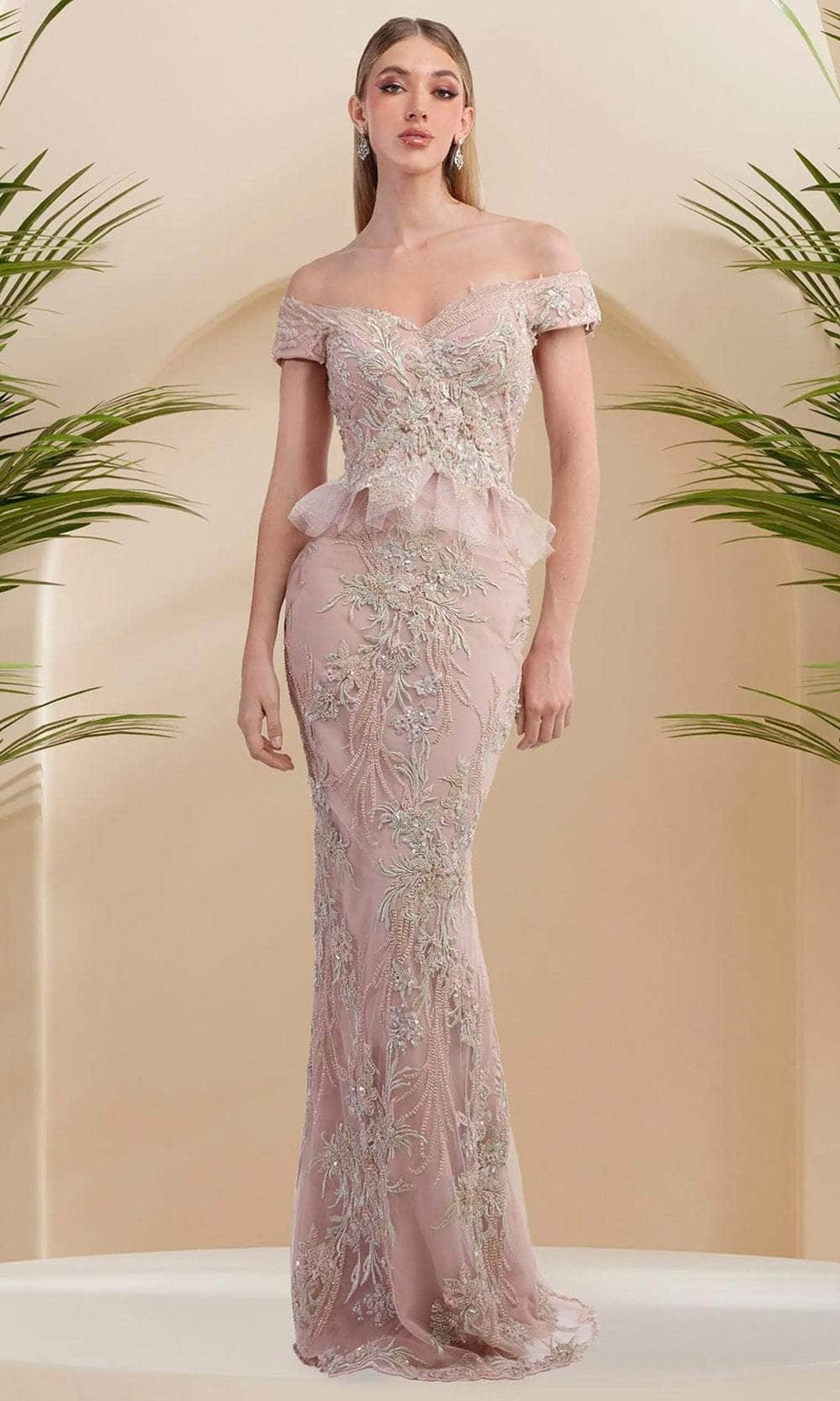 Janique 9639 - Off Shoulder Layered Gown
