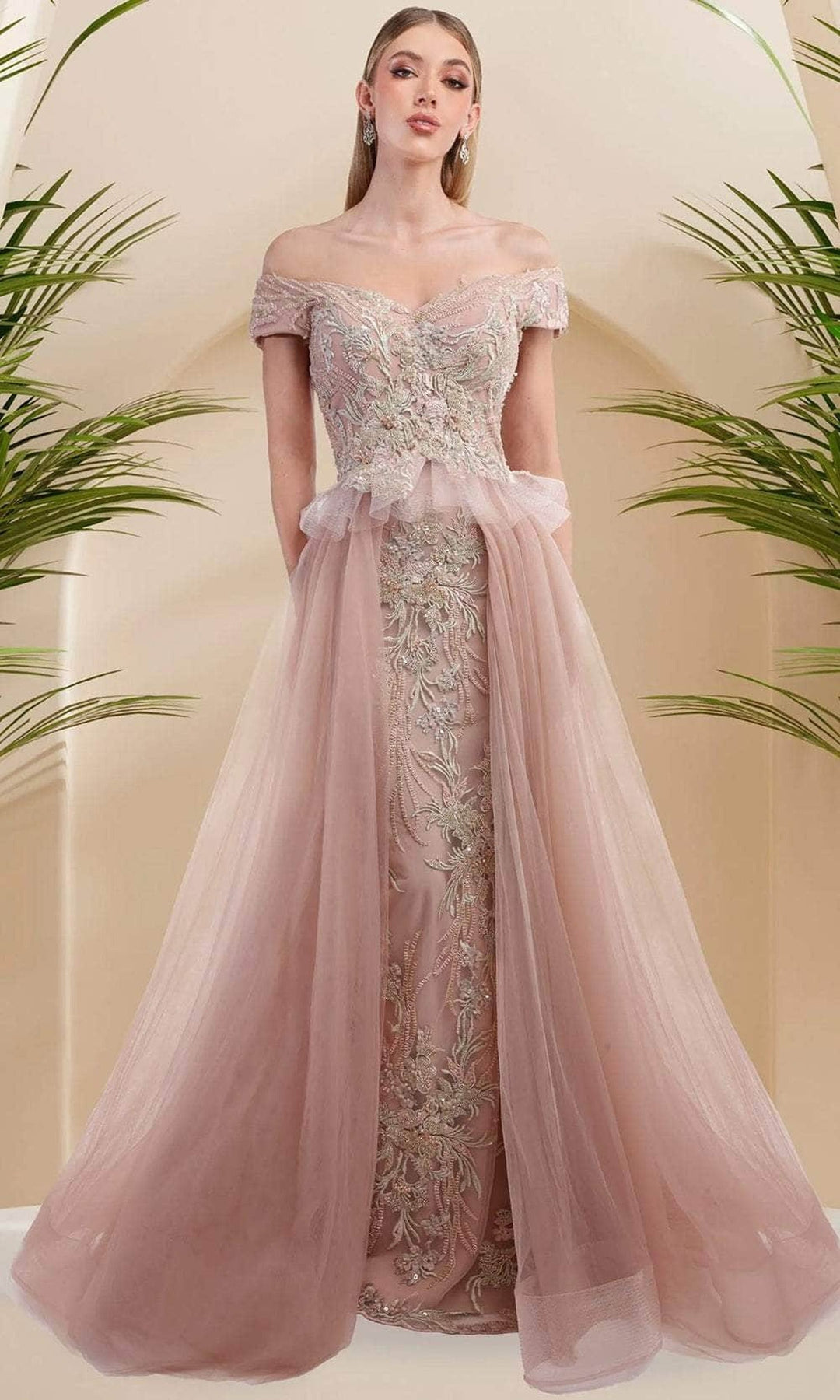 Janique 9639 - Off Shoulder Layered Gown