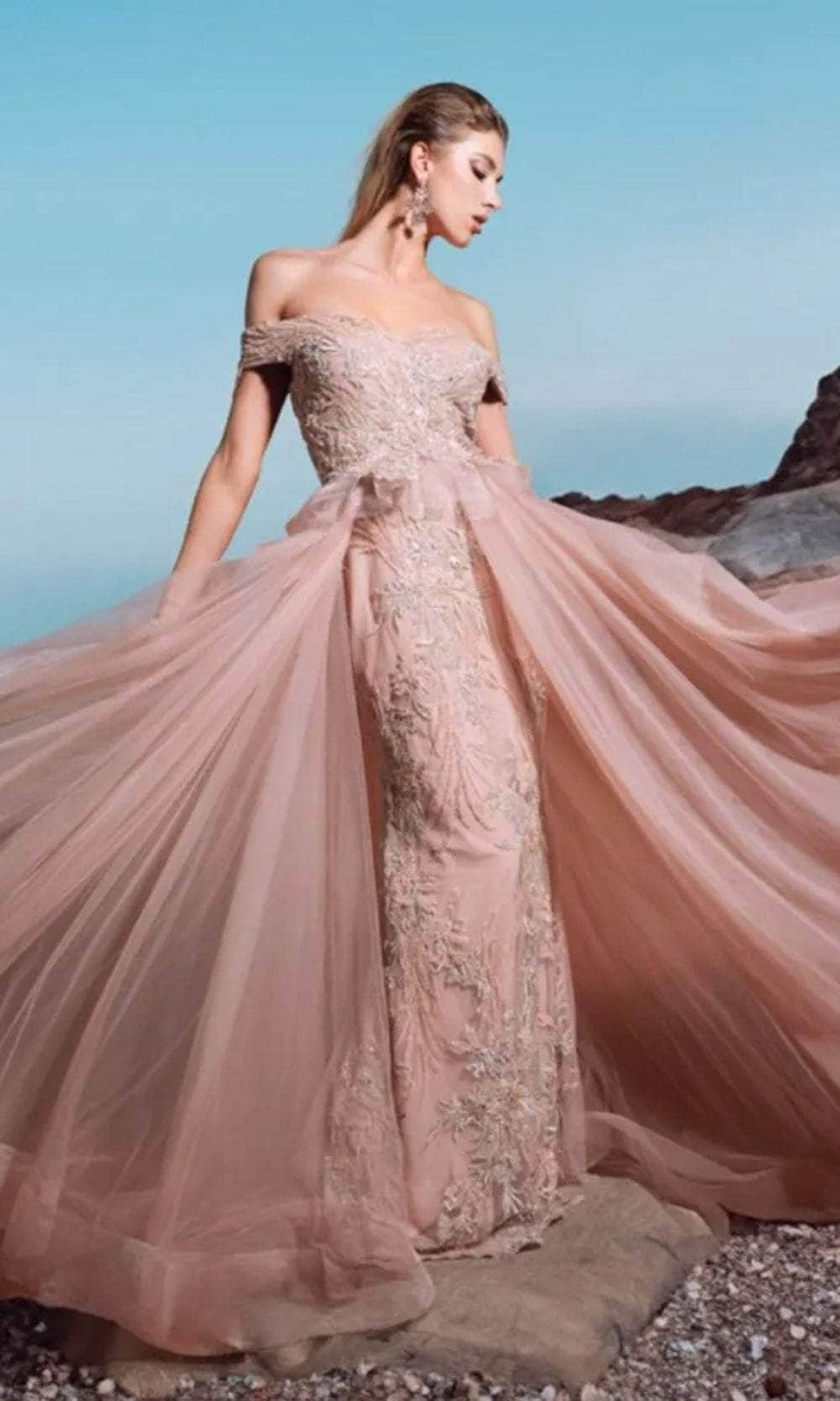 Janique 9639 - Off Shoulder Layered Gown