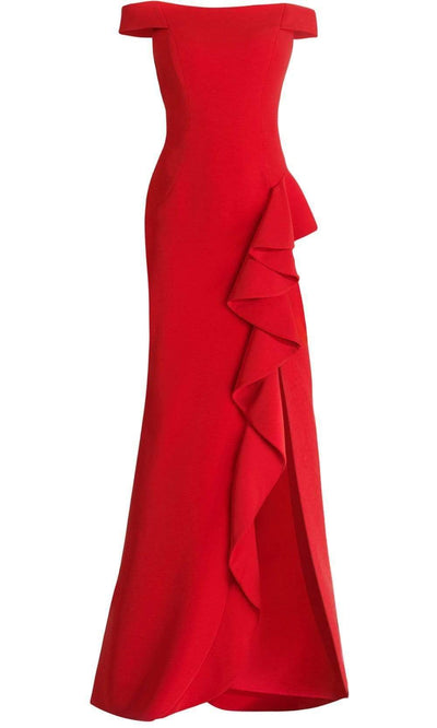 Janique - C1870 Ruffled Off-Shoulder Sheath Dress In Red Special Occasion Dress