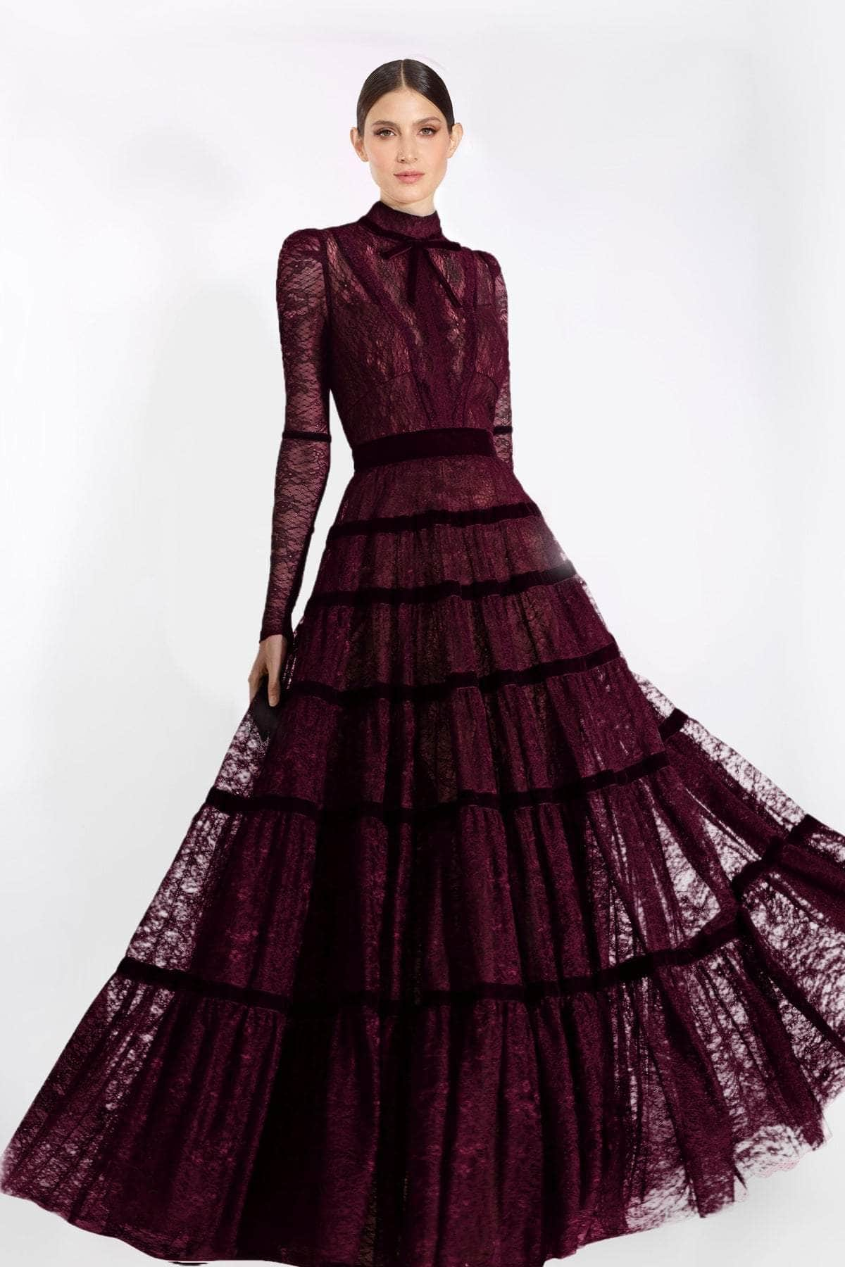 Janique - K7031 Long Sleeve High Neck Lace A-Line Gown Evening Dresses 0 / Maroon