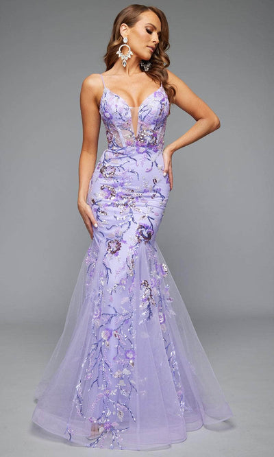 Jasz Couture 7619 - Plunging Neck Floral Tulle Gown Prom Dresses