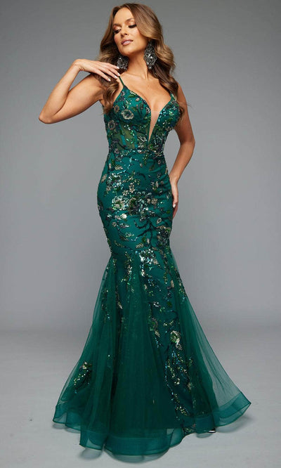 Jasz Couture 7619 - Plunging Neck Floral Tulle Gown Prom Dresses