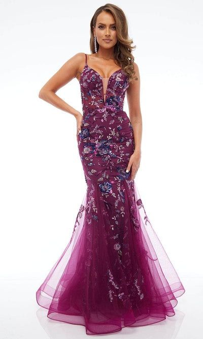 Jasz Couture 7619 - Plunging Neck Floral Tulle Gown Prom Dresses