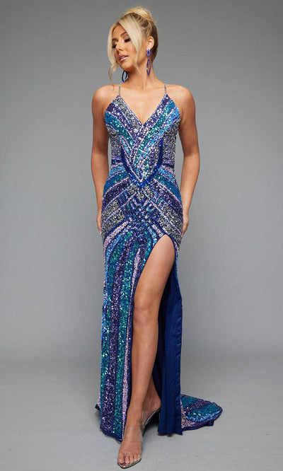 Jasz Couture 7665 - Striped Sequin Open Back Dress Prom Dresses