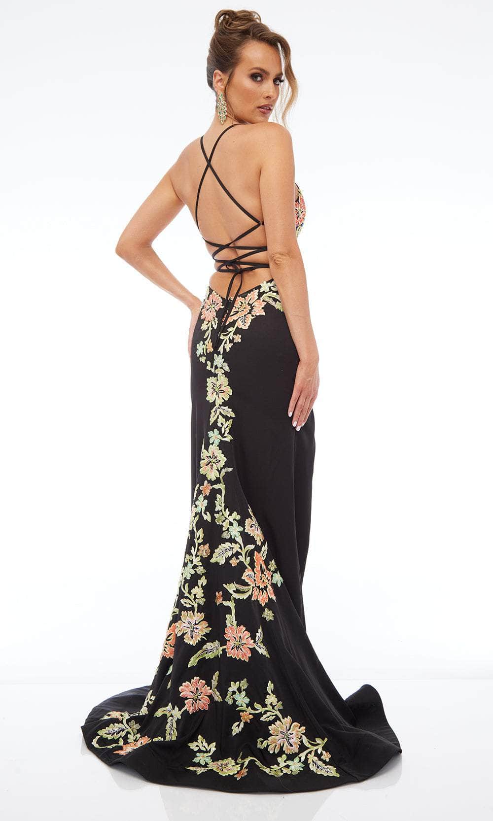 Jasz Couture 7680 - Floral Embroidery Sheath Dress with Open Back Prom Dresses