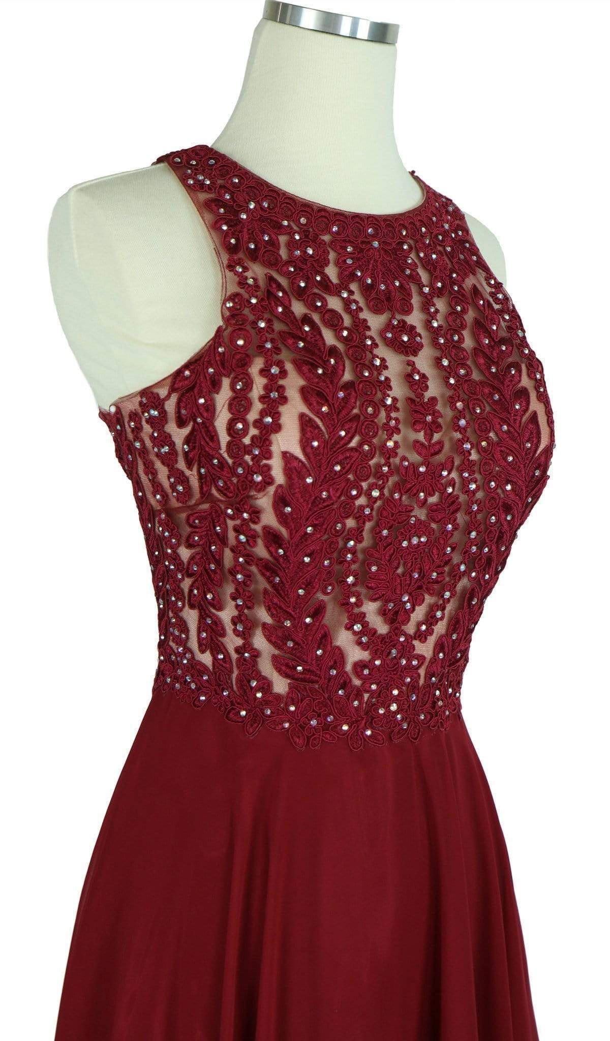 Jeweled Illusion Halter A-line Evening Dress Bridesmaid Dresses XXS / Burgundy