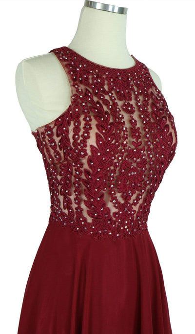 Jeweled Illusion Halter A-line Evening Dress Bridesmaid Dresses XXS / Burgundy
