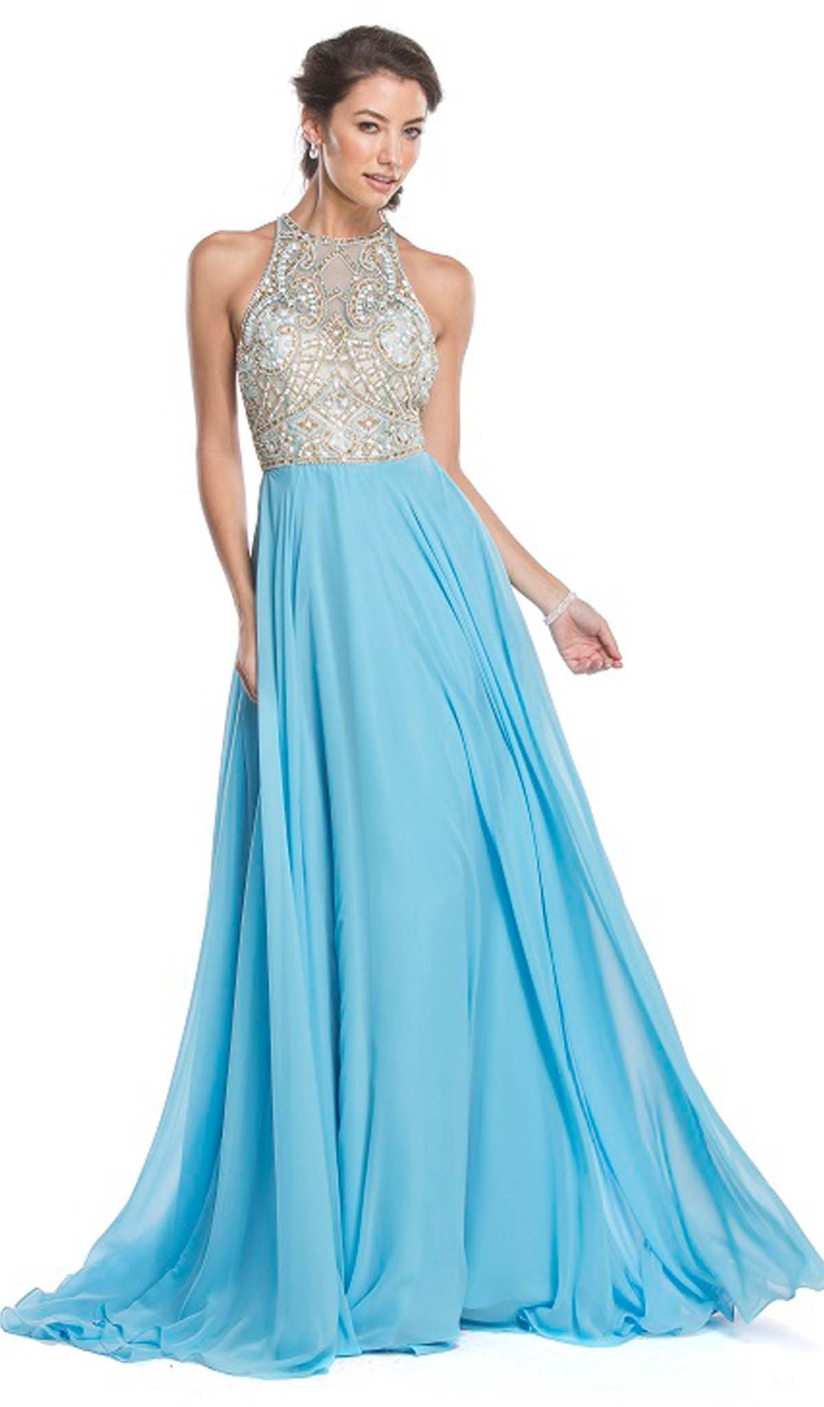 Jeweled Illusion Halter A-line Prom Dress Dress XXS / Turquoise