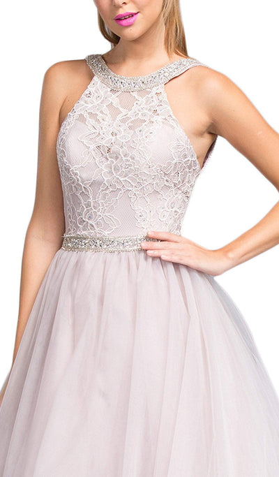 Jeweled Lace Halter Prom Ballgown Dress