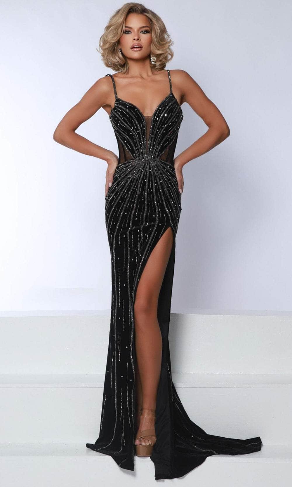 Johnathan Kayne 3065 - Long Stretch Velvet, Mesh, Stretch Lining Sheath Dress - Spaghetti Straps, Linear Beaded, High Slit, Illusion Corset Bodice, Open Back, Sweep Train, Fitted ADASA Johnathan Kayne 3065 - Long Stretch Velvet, Mesh, Stretch Lining Sheath Dress - Spaghetti Straps, Linear Beaded, High Slit, Illusion Corset Bodice, Open Back, Sweep Train, Fitted ADASA
