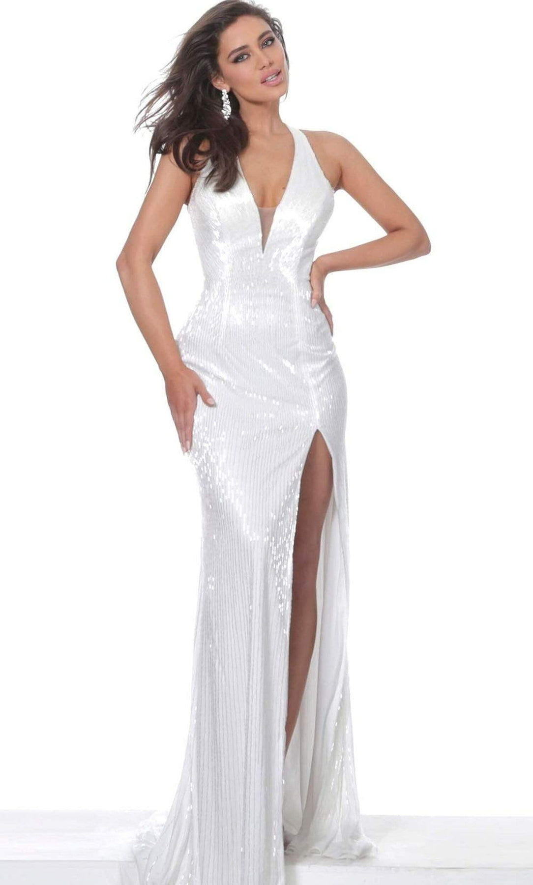 Jovani - 00694 Plunging Neck High Slit Fully Beaded Evening Gown