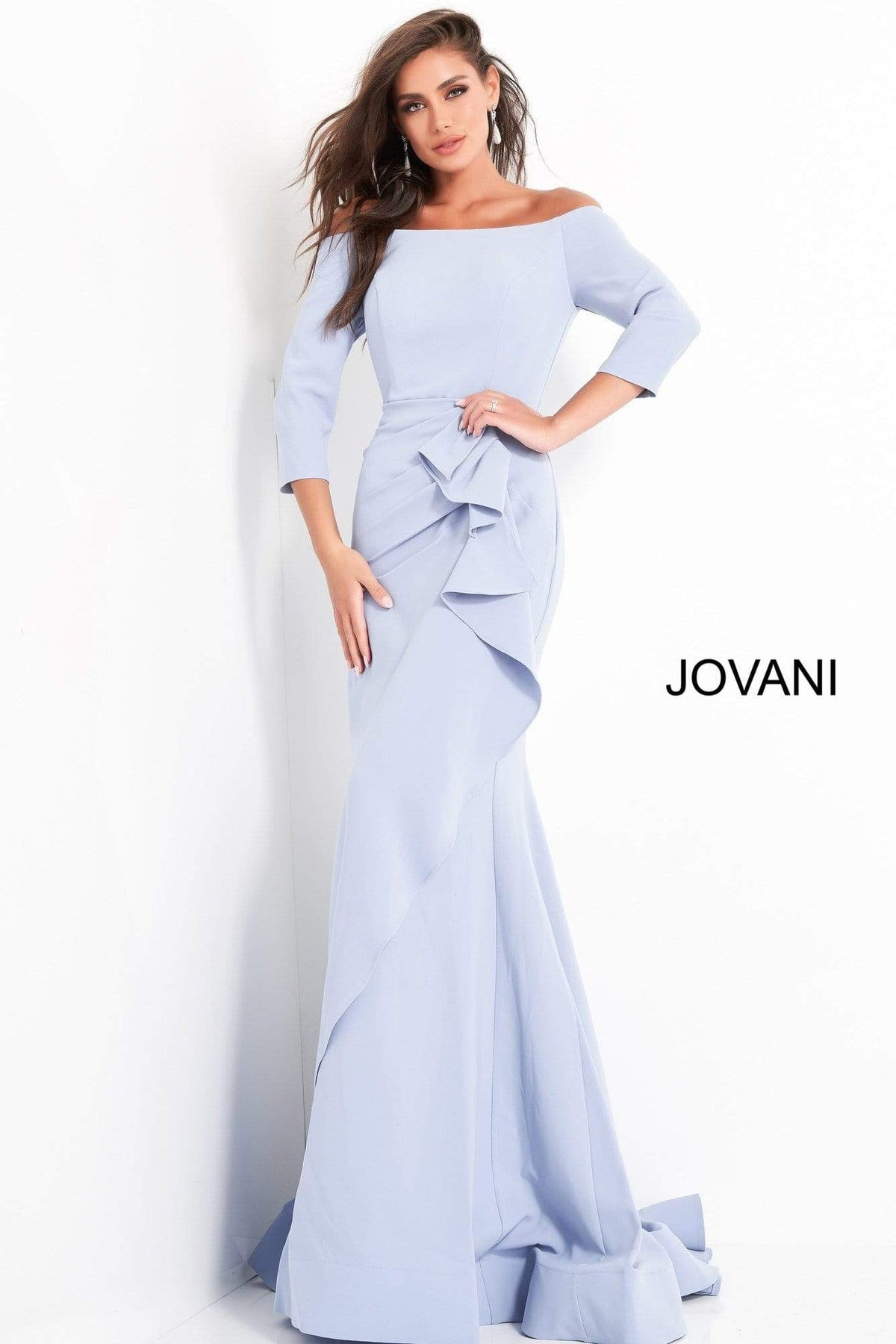 Jovani - 00446SC Off Shoulder Drape Mermaid Dress - 1 pc Light-Blue In Size 10 and 1 pc Navy in size 24 Available CCSALE