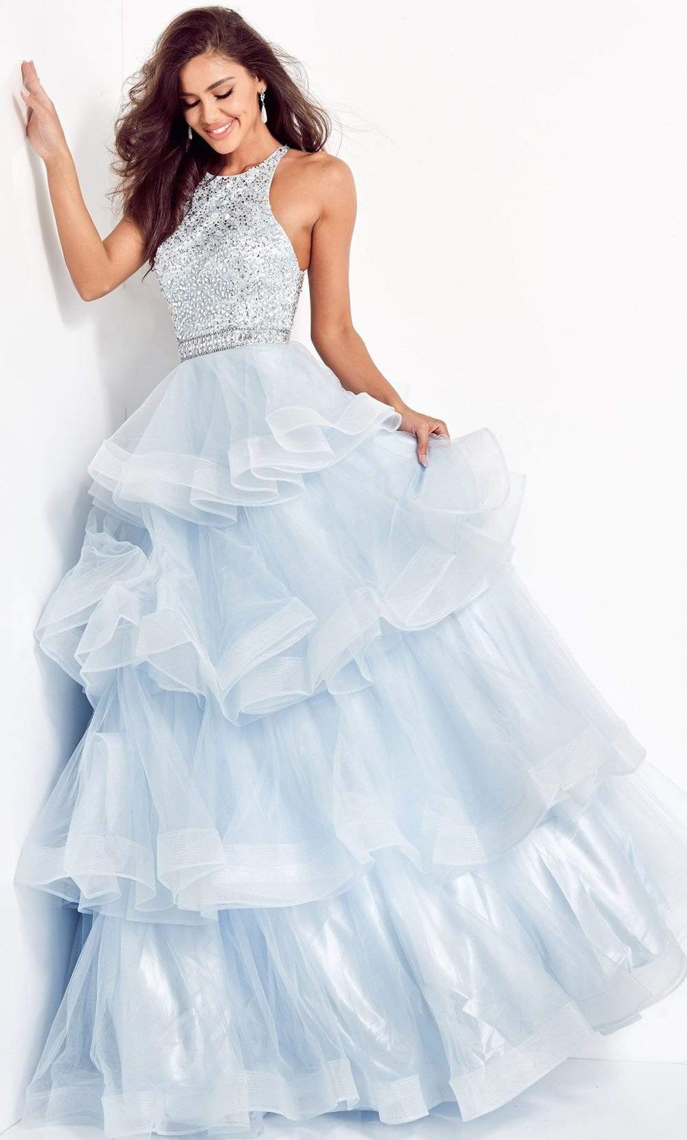 Jovani - 00461 Embellished Halter Tiered A-line Dress Prom Dresses 00 / Light-Blue